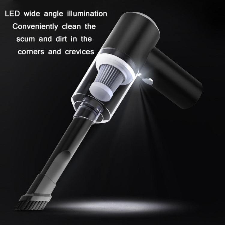 Black handheld vacuum cleaner with LED illumination around wide angle nozzle