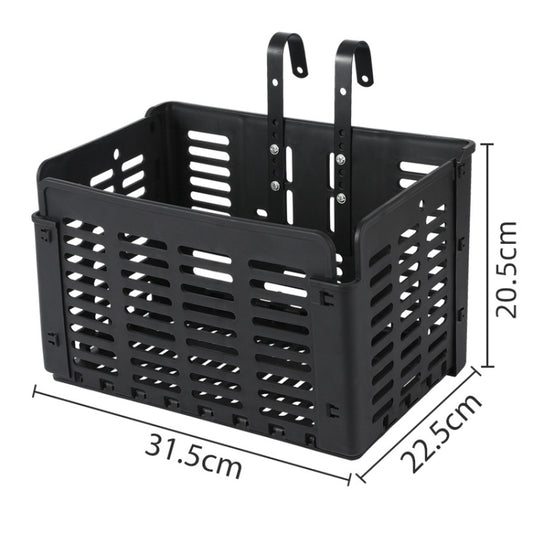 Black foldable bicycle basket with slotted sides and two hanging mounting brackets