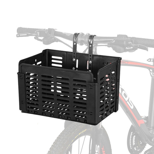 Black perforated bicycle cargo basket with metal quick-release mounting bracket