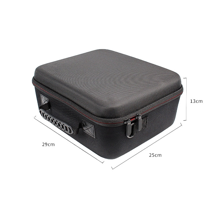 Hard shell storage bag shown with size measurements on gray case