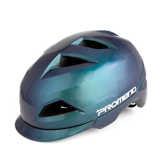 Blue motorcycle half helmet with black vent panels and PROMEND logo on the side