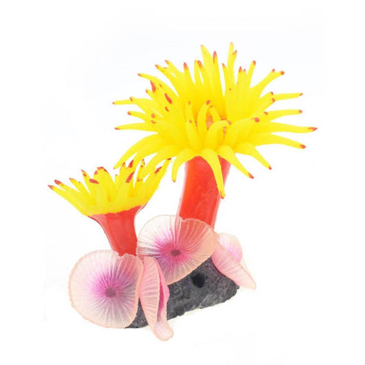 Silicone sea tree aquarium ornament with yellow coral polyps and shell accents
