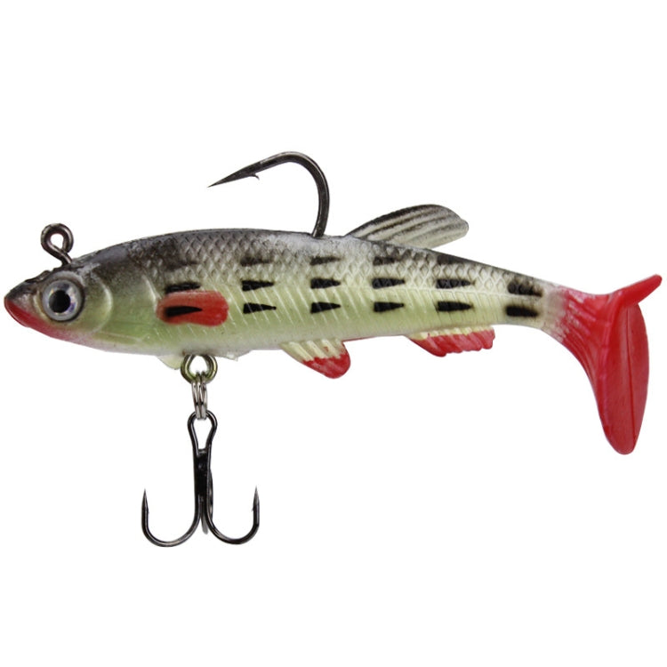 Camouflage fishing lure with red tail, single top hook and treble belly hook.