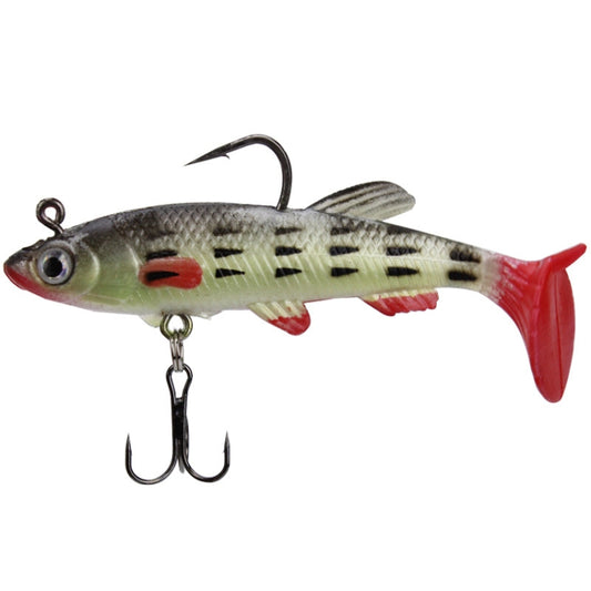 Camouflage fishing lure with red tail, single top hook and treble belly hook.