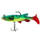 Green and lime fishing lure with red tail, top hook and treble belly hook.