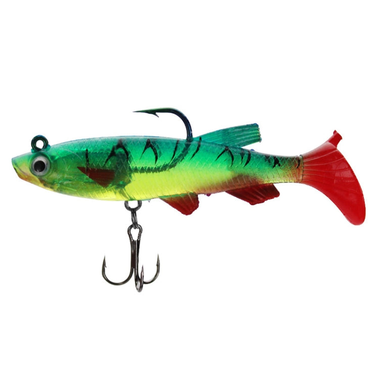 Green and lime fishing lure with red tail, top hook and treble belly hook.