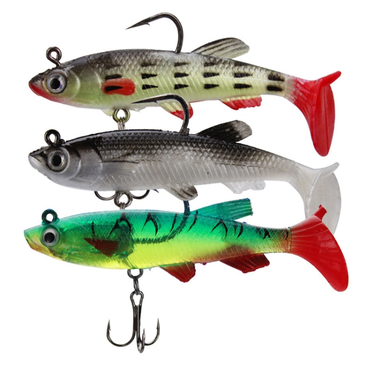 Set of three fishing lures: gray, silver, and green with red tails and hooks.