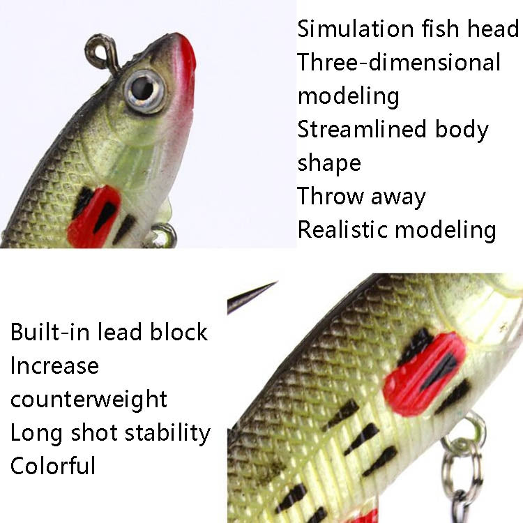 Camouflage fishing lure close-up with painted fish head and molded lead body.