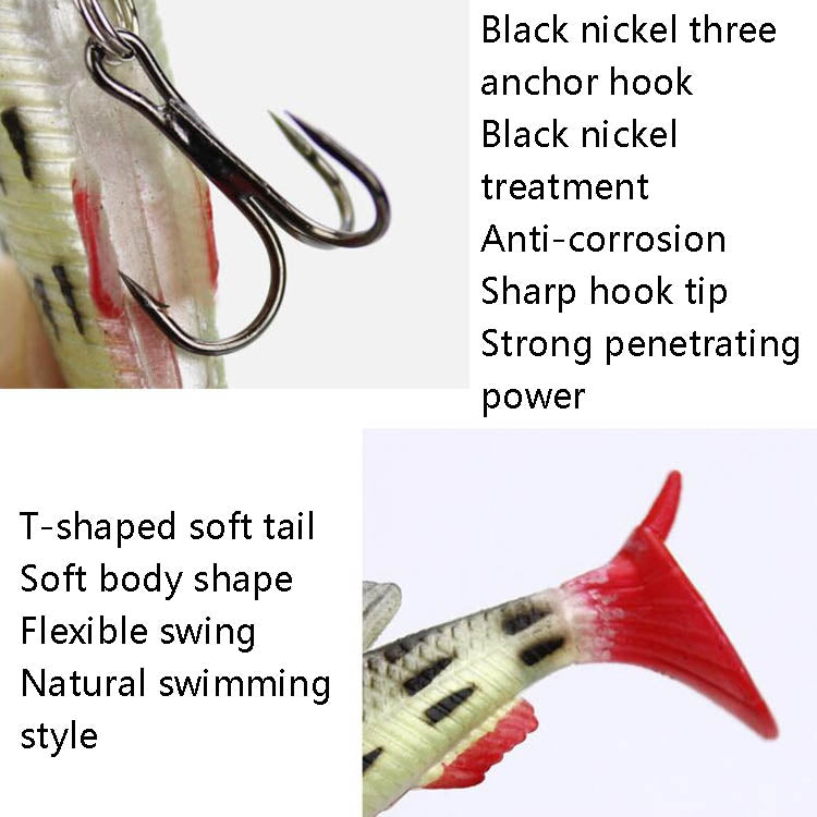 Fishing lure close-up showing black anchor hooks and red soft tail.