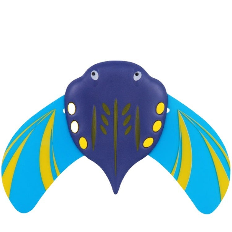 Blue devil fish pool toy with yellow fins and spots, oval body shape