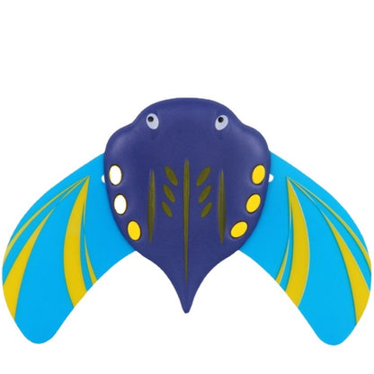 Blue devil fish pool toy with yellow fins and spots, oval body shape
