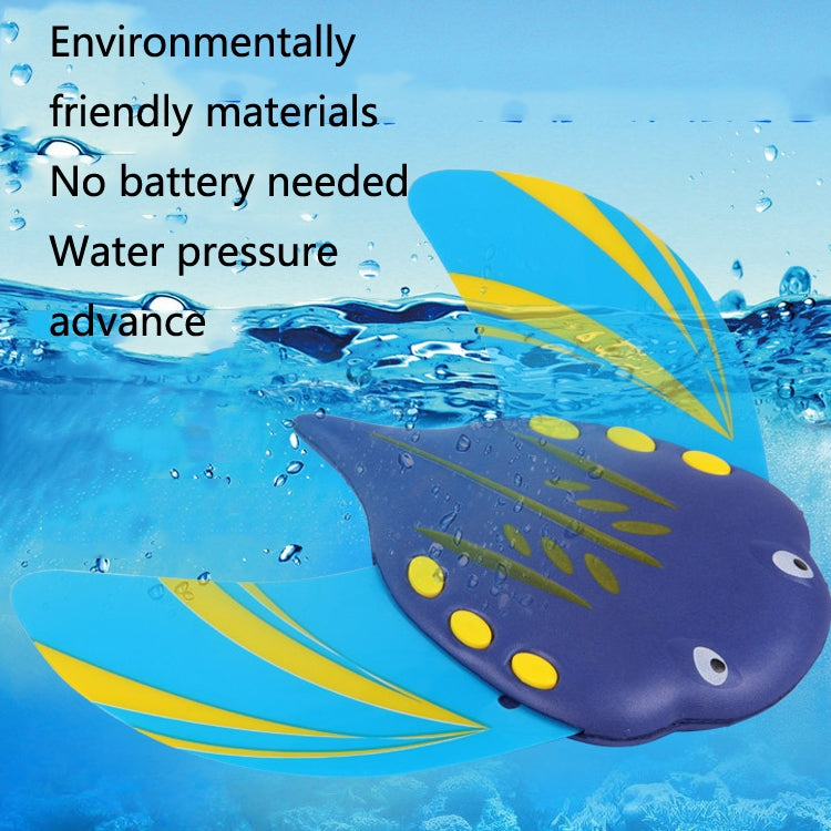 Purple and blue devil fish swim toy with yellow fins floating in water