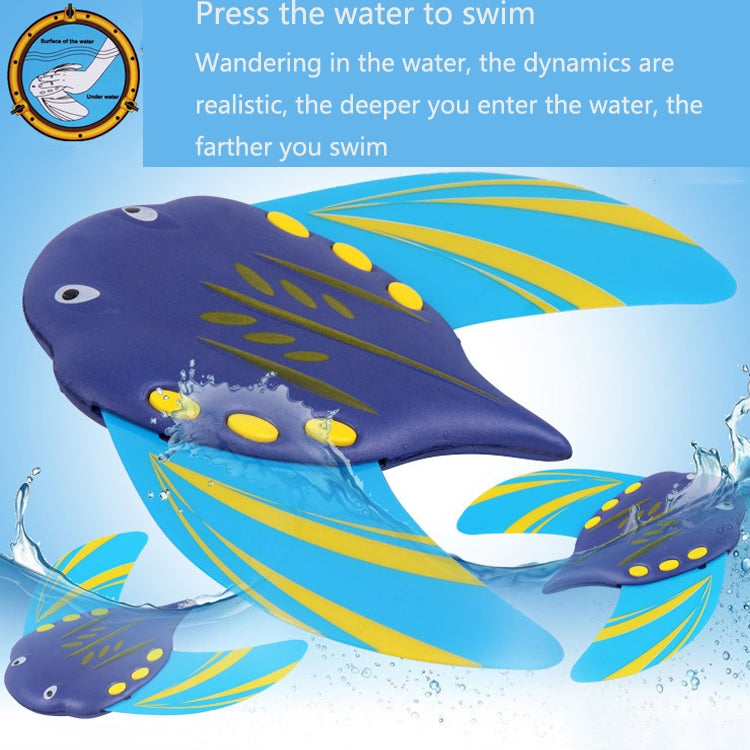 Devil fish swimming pool toy with blue body, yellow accents, and fin wings