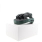 Green and black padded leather hand target, side view with wrist fastening strap