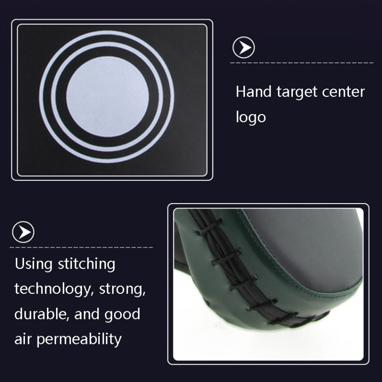 Green and black leather hand target with curved edge and visible stitched seam