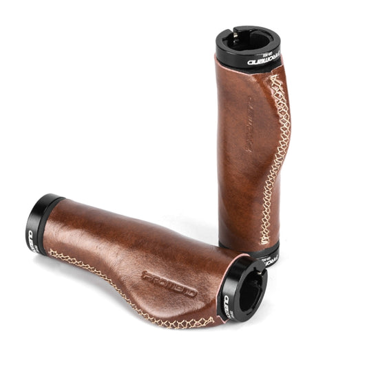 Brown leather-texture bicycle handlebar grip covers with black end caps and stitched edges
