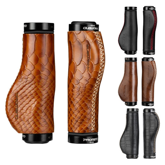 Set of bicycle handlebar grip covers in brown and black styles, shown with end caps