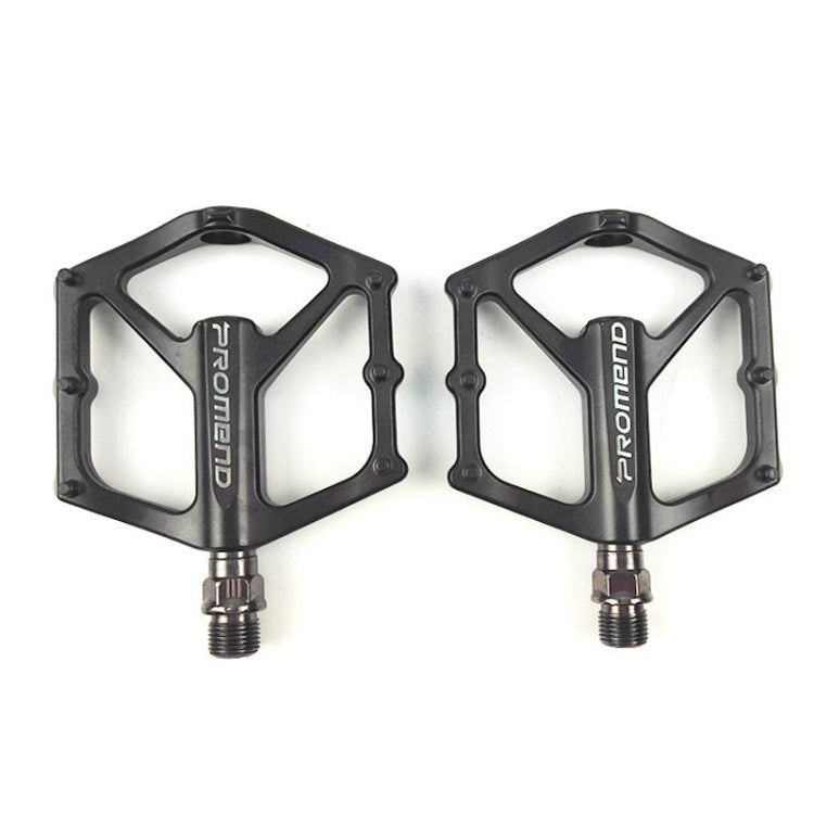 Pair of black aluminum bicycle platform pedals with threaded pins and PROMEND branding