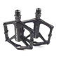 Pair of black aluminum bicycle platform pedals with metal threaded ends