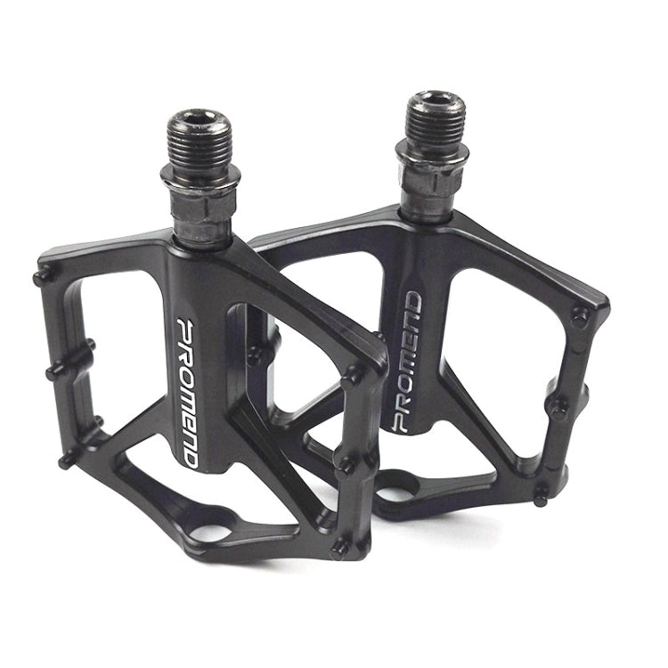 Pair of black aluminum bicycle platform pedals with metal threaded ends