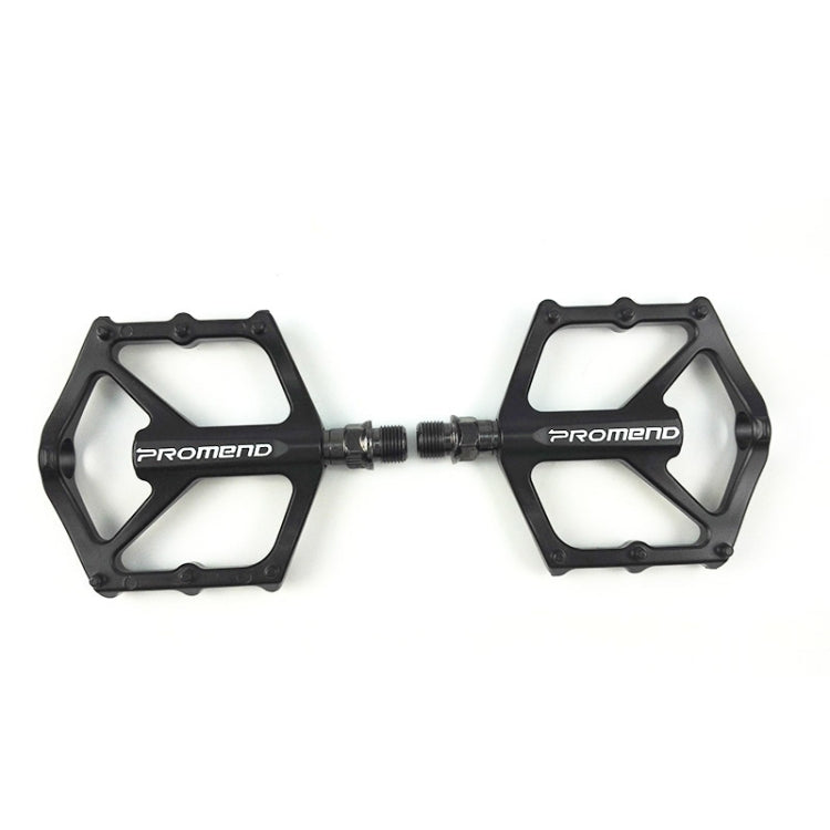 Pair of black aluminum bicycle pedals with connecting axle and PROMEND logos