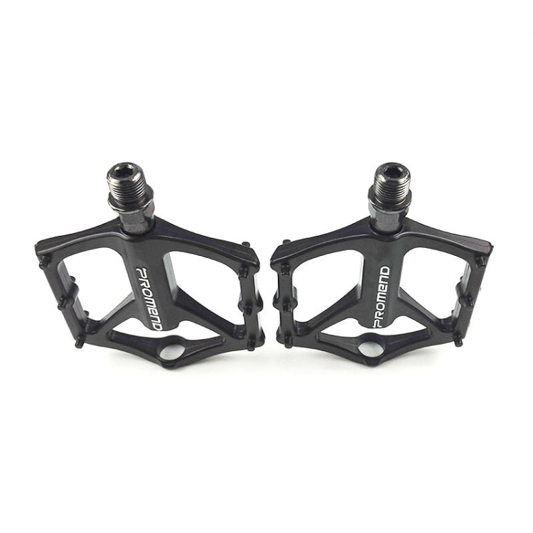 Pair of black aluminum bicycle platform pedals with raised grip sections and threaded studs