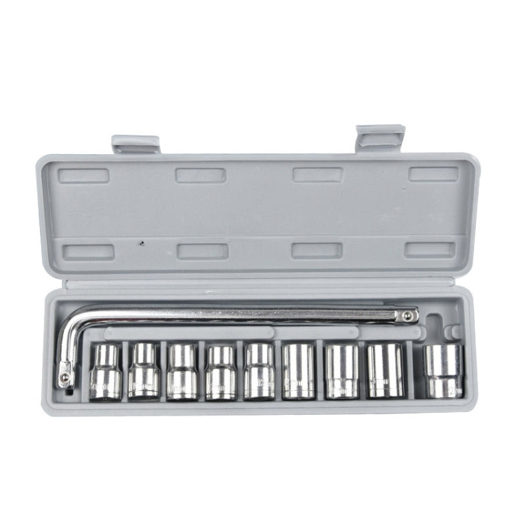 10-piece socket wrench set with chrome sockets and ratchet bar, in gray case