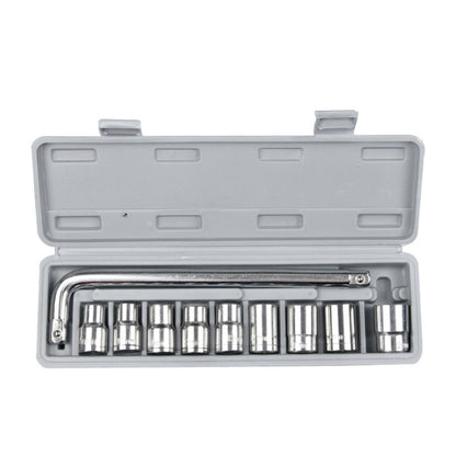 10-piece socket wrench set with chrome sockets and ratchet bar, in gray case