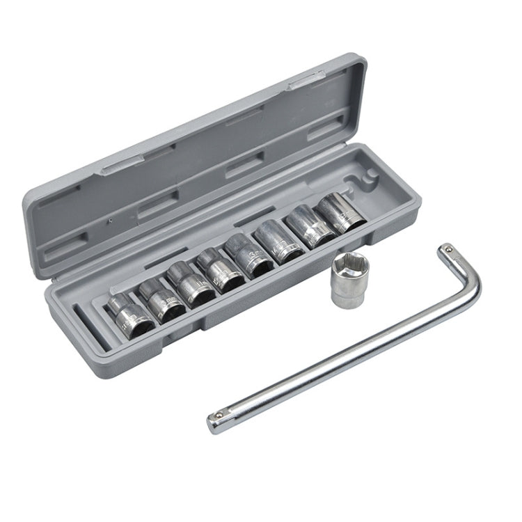 Socket wrench set with chrome sockets, ratchet bar, and gray open storage case
