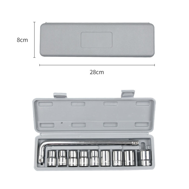 Socket wrench set with gray case and chrome sockets, size 28cm x 8cm