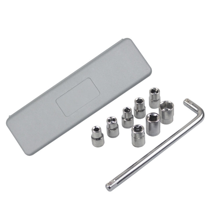 Socket wrench set with chrome sockets, U-shaped ratchet bar, and gray cover case