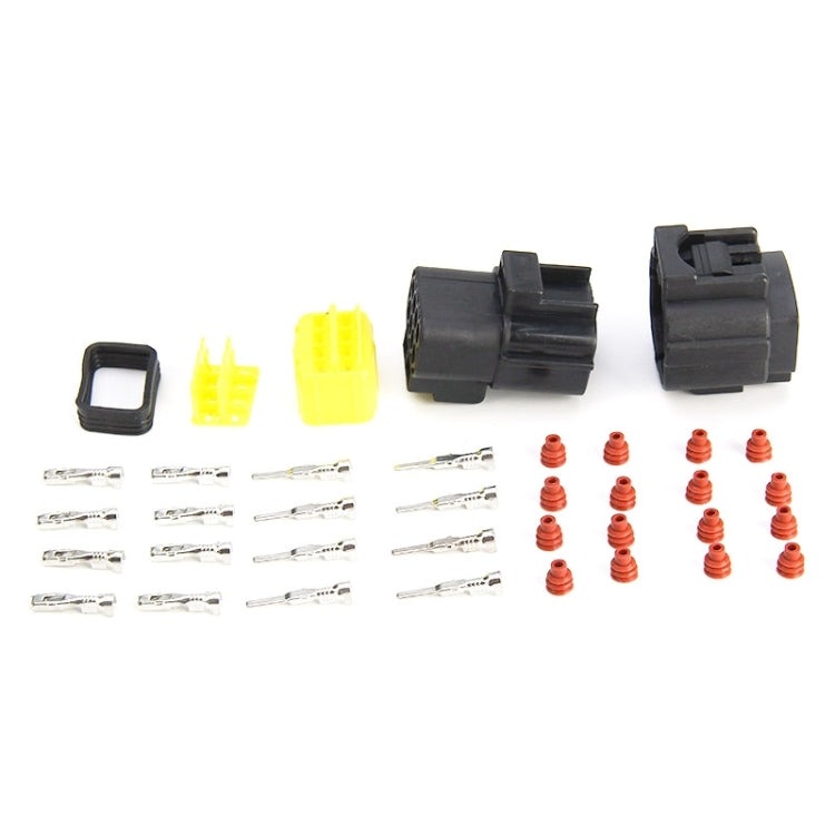 Waterproof plug connector set with dark housings, yellow inserts, terminals and seal rings