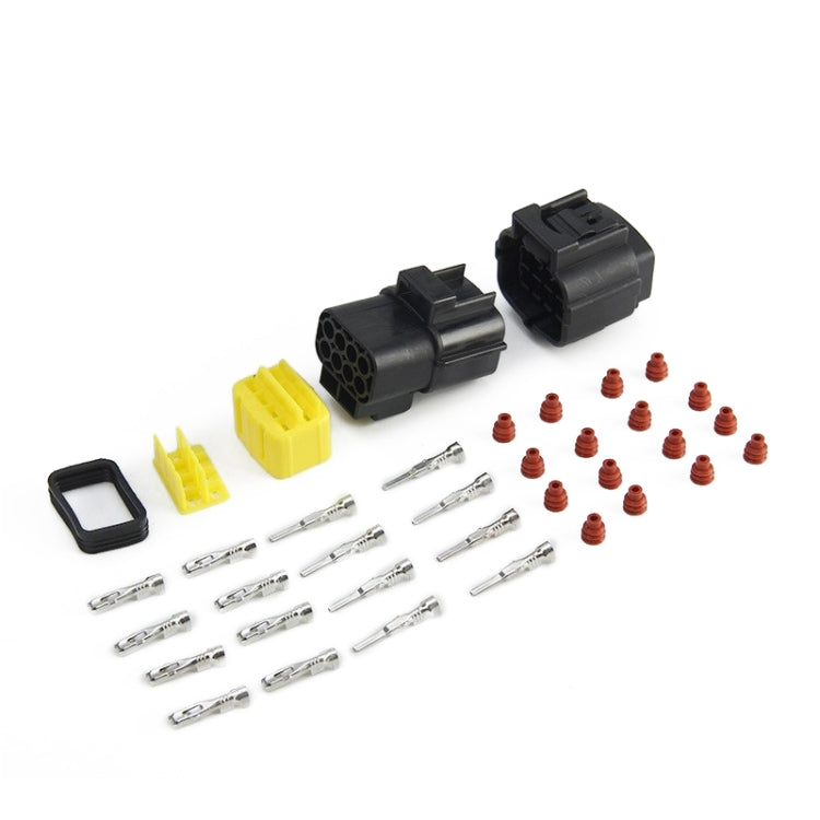 Waterproof automotive plug connector set with dark housings, yellow blocks, wiring terminals
