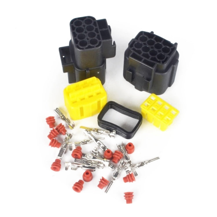 Waterproof plug connector set with two connector housings, yellow inserts, red-sealed terminals