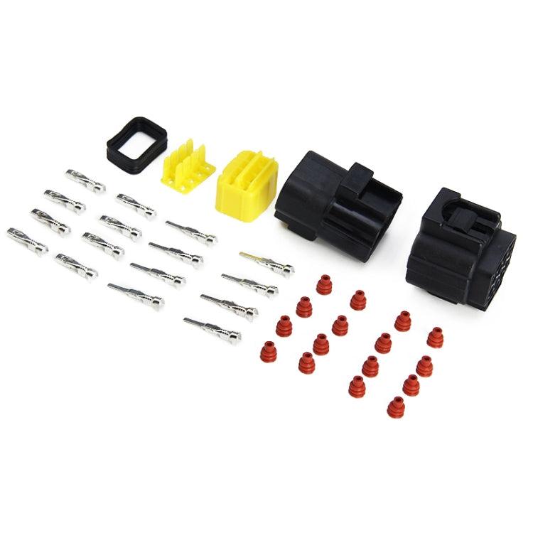 Waterproof plug connector set with wiring pins, red rubber seals, black connectors and yellow inserts