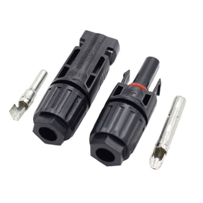 MC4 solar connector pair with black waterproof housings and metal contact pins