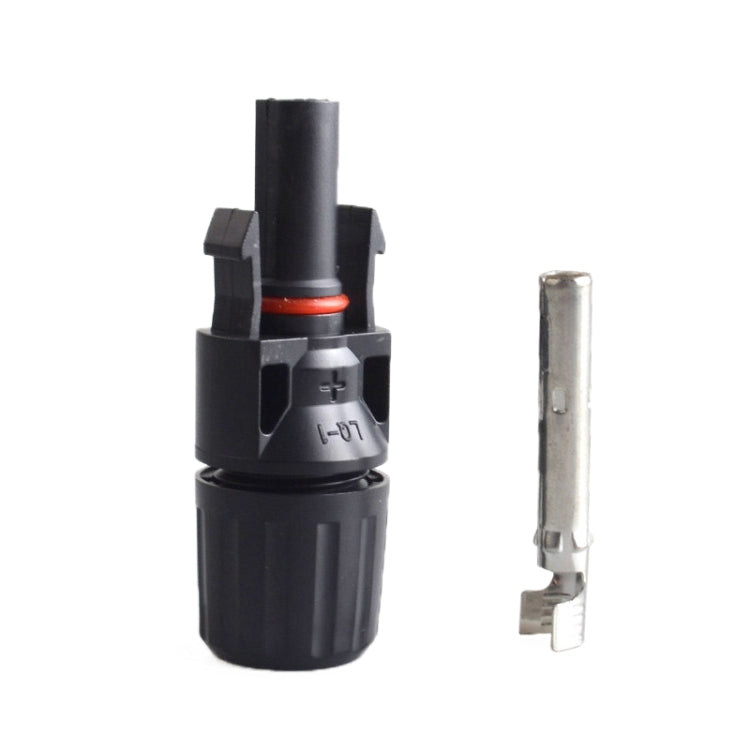 MC4 solar connector with red seal ring, black body, and exposed male metal pin