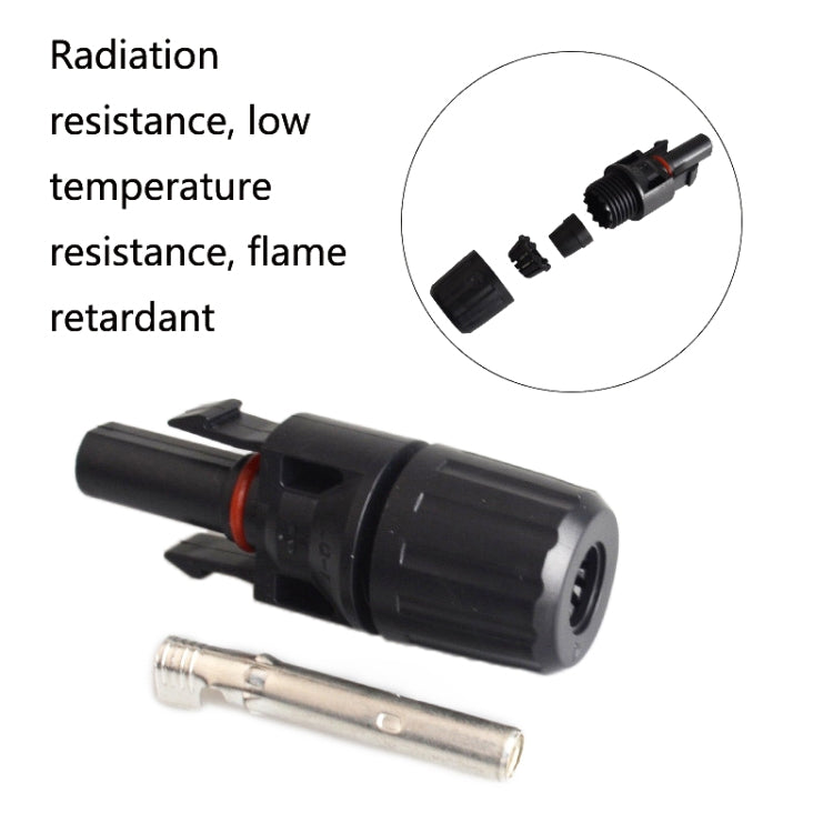 MC4 solar connector with black housing, red seal ring, and silver crimp pin