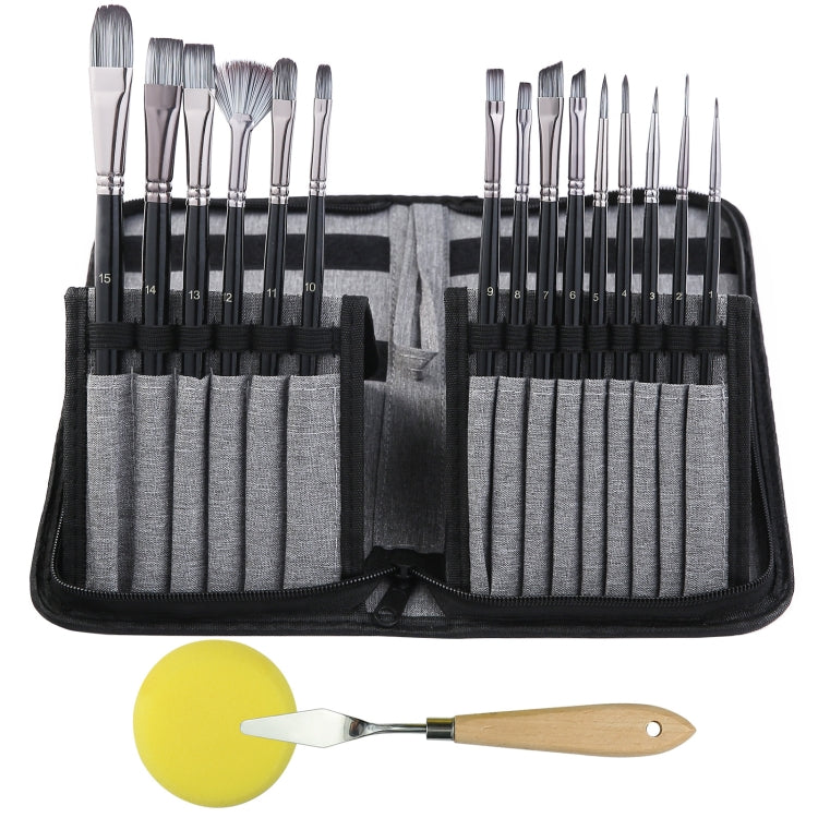 17-in-1 acrylic paint brush set in black canvas bag with 2 rows of gray slots