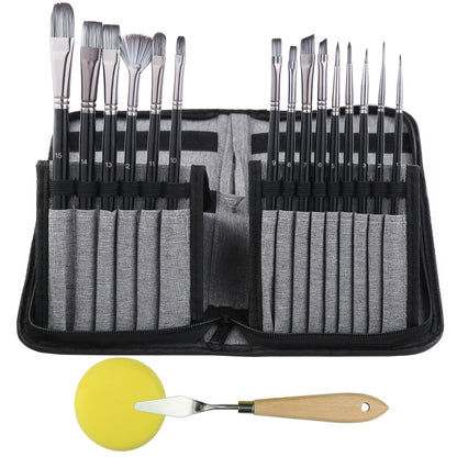 17-in-1 acrylic paint brush set in black canvas bag with 2 rows of gray slots
