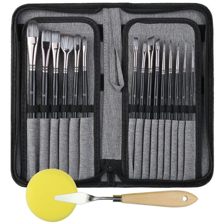 Open brush storage case with 17 paint brushes, silver ferrules, and gray fabric pockets
