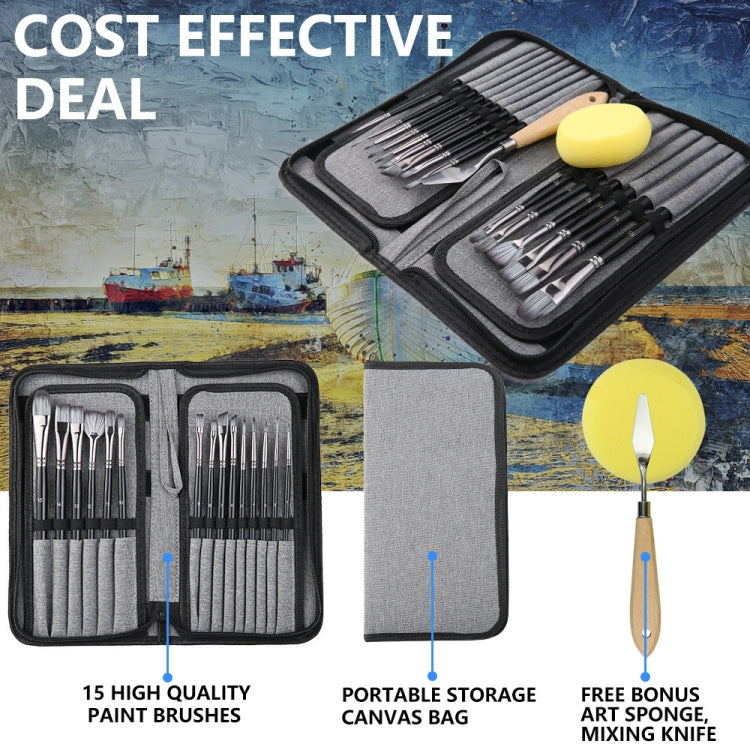 Paint brush kit in zip canvas case with yellow sponge and wooden-handled tool