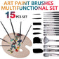Art paint brush set pack showing 15 brush heads and various shapes