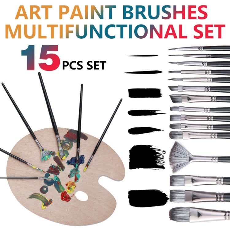 Art paint brush set pack showing 15 brush heads and various shapes