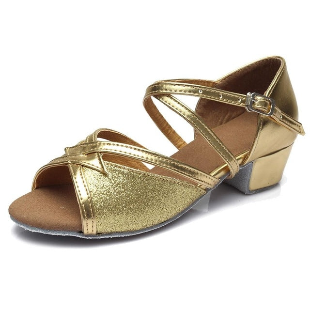 Gold glitter low-heel Latin dance shoes with ankle strap and buckle, open toe