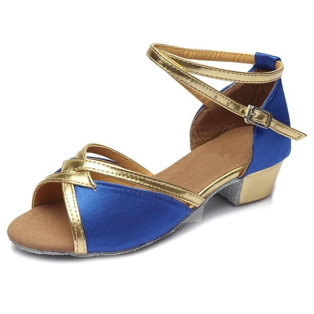 Blue and gold low-heel dance shoes with ankle strap and open toe