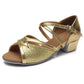 Gold glitter low-heel dance shoes with ankle strap and open toe
