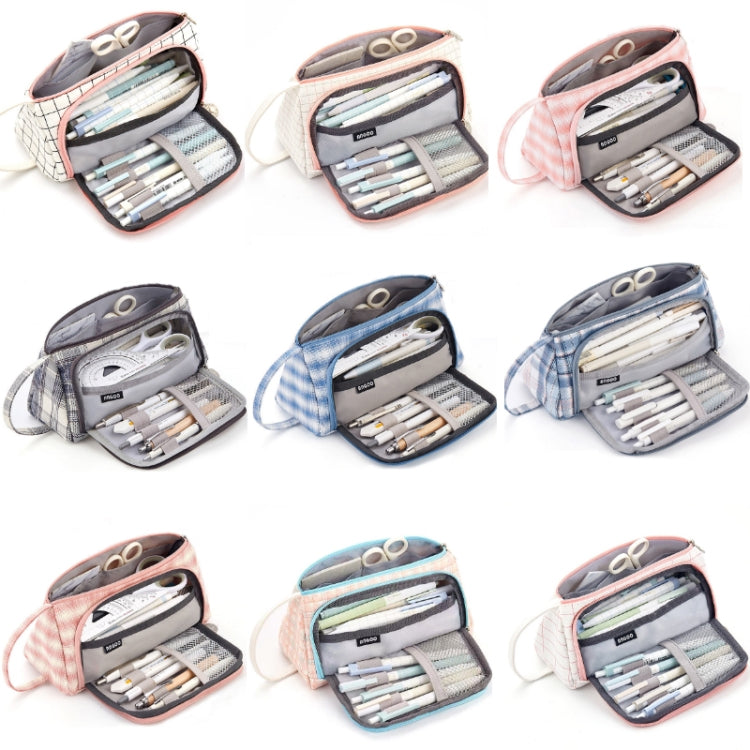 Assorted canvas pencil cases with zipper compartments in multiple colors, shown in a grid layout