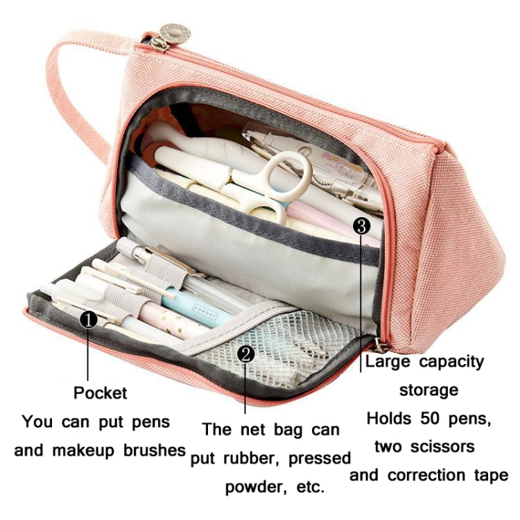 Canvas pencil case with zipper and handle; open top shows organized pen pockets