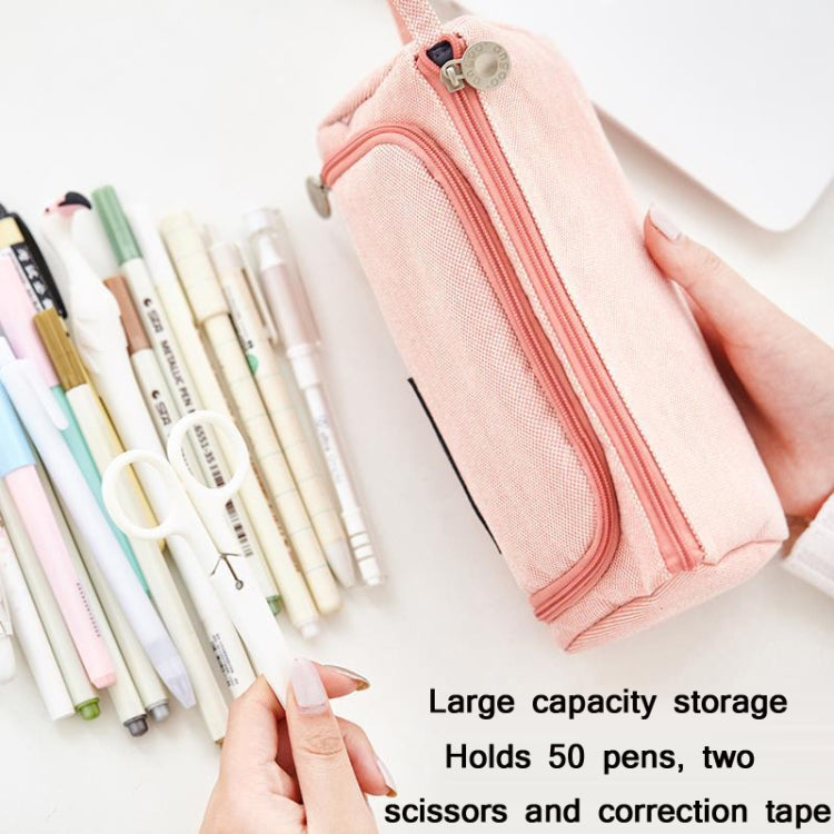Pink-trim canvas pencil case with zipper close; compact rectangular shape for stationery storage